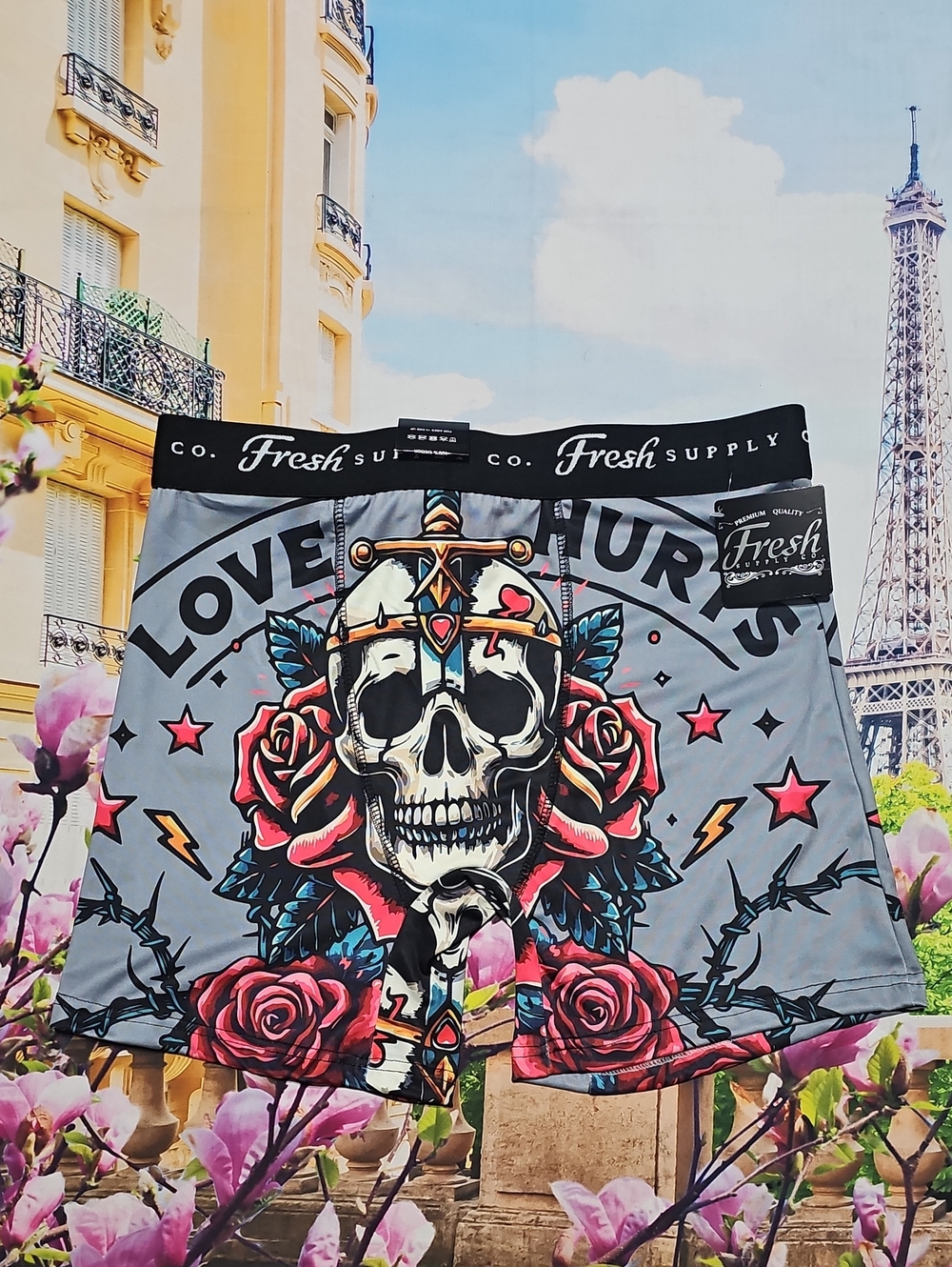 Fresh Supply Men’s Gray Skull & Rose Boxer Briefs Large New